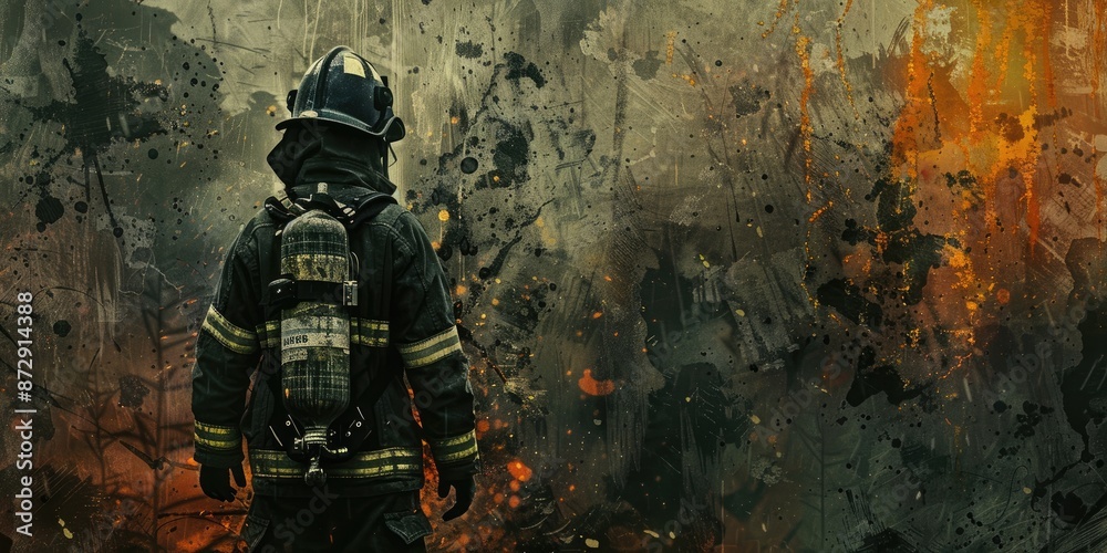 Firefighter Walking Through Abstract Fire Scene Firefighter Walking Through Abstract Fire Scene