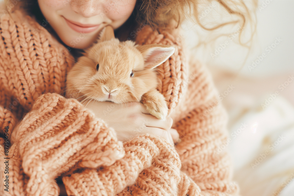 ginger woman cradling their pet rabbit in their hands, with a gentle smile on their face dressed in a comfortable terractota-colored knitted sweater i
ginger woman cradling their pet rabbit in their hands, with a gentle smile on their face dressed in a comfortable terractota-colored knitted sweater i