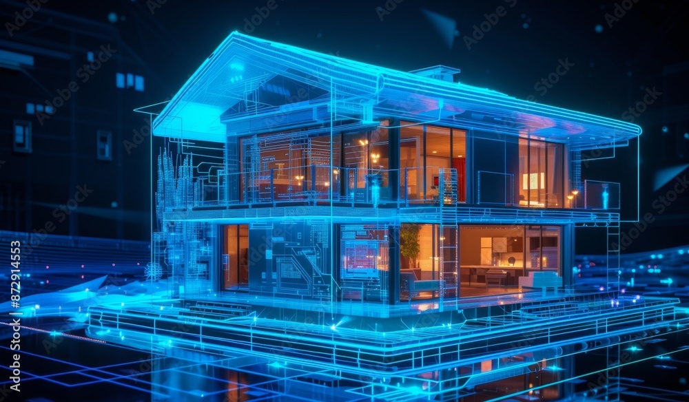 Futuristic smart home exterior, with data visualization lines ...