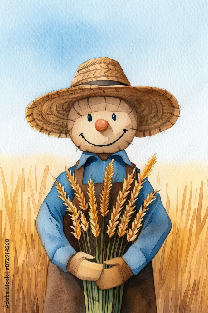 Obraz premium Watercolor illustration of scarecrow holding wheat sheaves in golden brown tones for Thanksgiving bright simple watercolour background