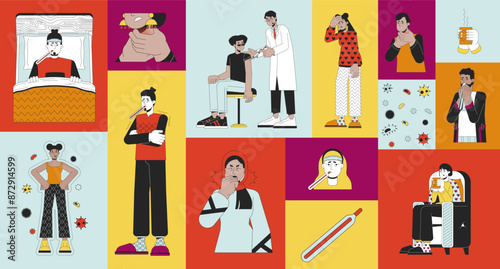 Staying sick at home bento grid illustration set. Fever high, cold symptoms, immunization 2D vector image collage design graphics collection. Multinational sick people flat characters moodboard layout