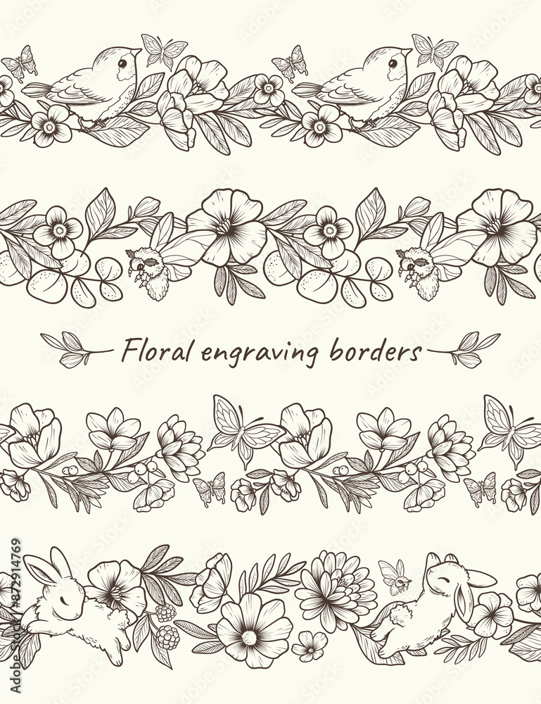 Naklejka premium Floral engraving borders in hand drawn style