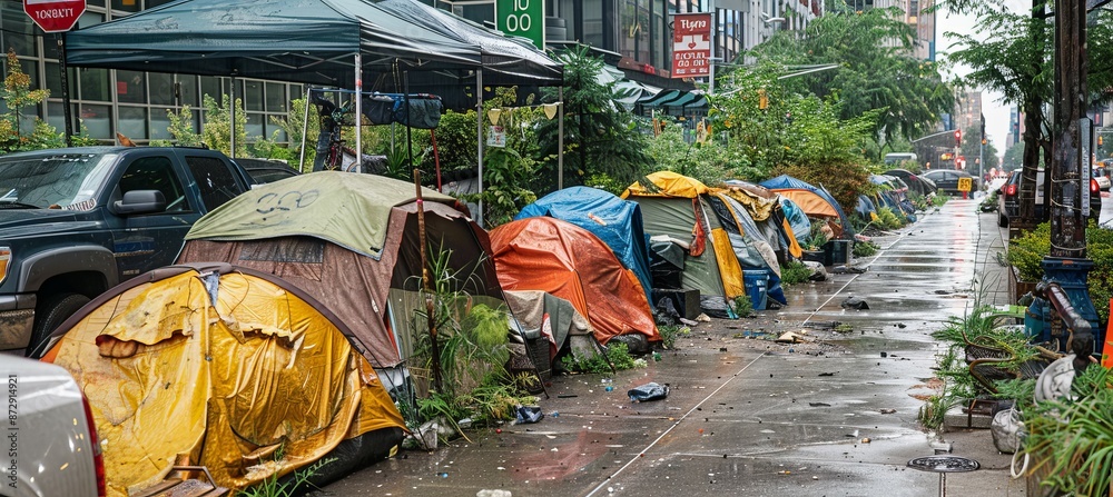 Obraz premium Homeless tent camp at city. Social problem people poverty. Generative AI technology.