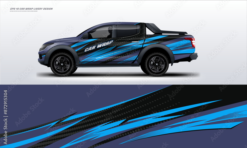 sporty car truck double cabin branding sport rally dakar touch of blue, mockup with racing wrap decal or livery design. sporty car truck double cabin branding sport rally dakar touch of blue, mockup with racing wrap decal or livery design.
