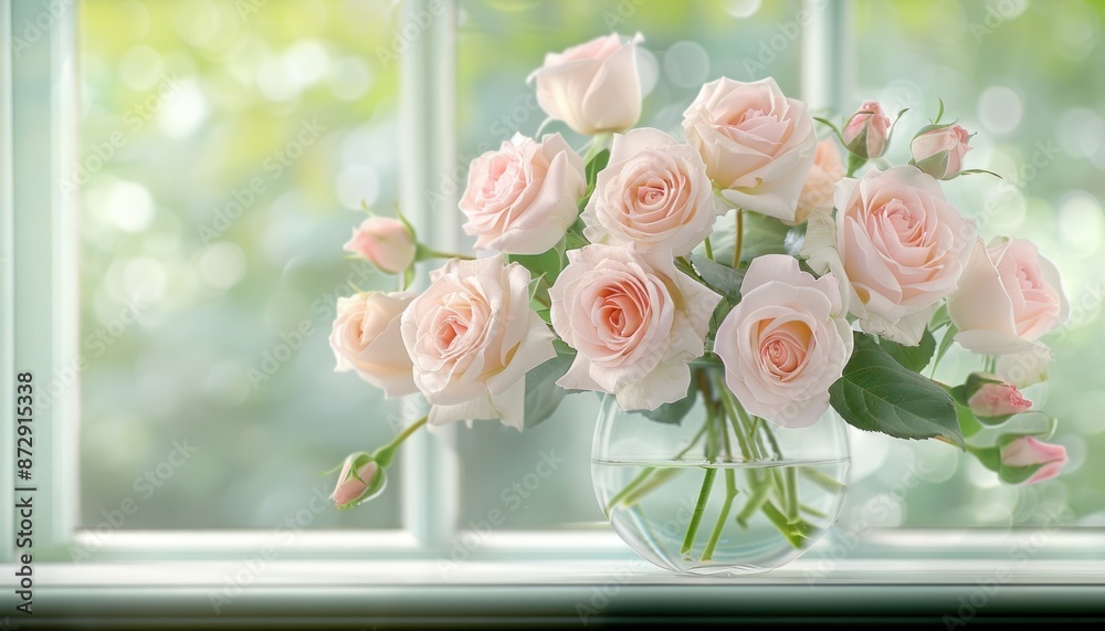 Obraz premium Pink flowers in vase on window sill, perfect floral bouquet, summer day, blurred garden background