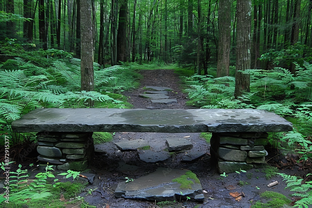 Fototapeta premium Stone Bench in a Lush Green Forest Setting