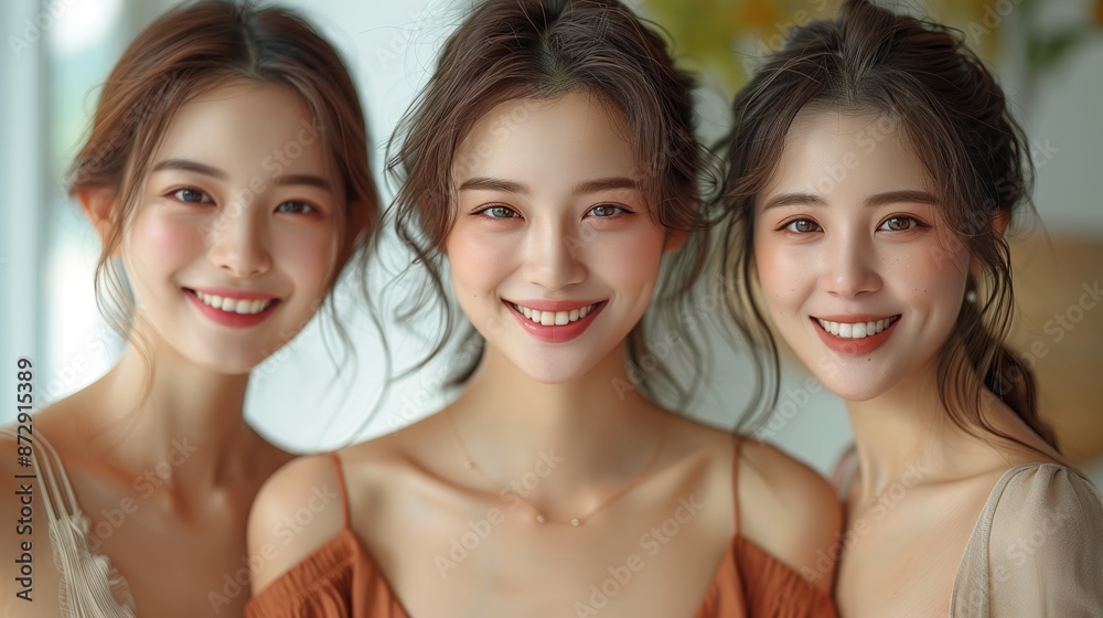 Three Smiling Women Posing Together in a Studio Setting Three Smiling Women Posing Together in a Studio Setting