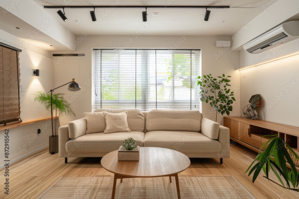 Fototapeta premium A living room in an architectural magazine photo shoot, with a simple Japanese interior design featuring light wood floors and white walls