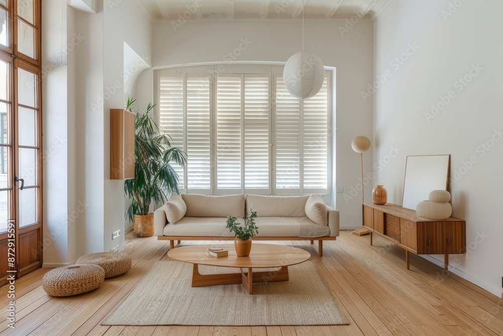 Fototapeta premium A living room in an architectural magazine photo shoot, with a simple Japanese interior design featuring light wood floors and white walls