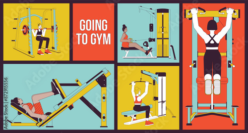 Sportswomen on gym equipment bento grid illustration set. Abs workout muscles exercising 2D vector image collage design graphics collection. Diverse female athletes flat characters moodboard layout