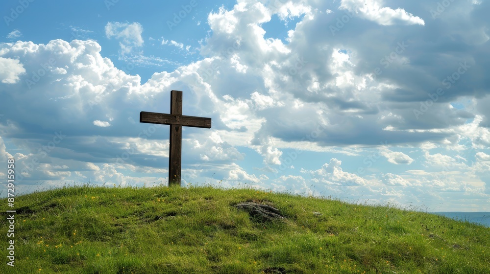 Serene image of a wooden cross on a grassy hilltop, gentle breeze, peaceful sky Serene image of a wooden cross on a grassy hilltop, gentle breeze, peaceful sky