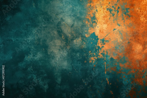 Abstract grunge textured surface with blue orange hues. Mosaic creates depth complexity. Darker blue areas appear scattered orange areas. Captured from slightly elevated angle provides view.