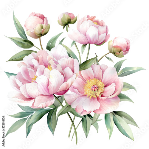 watercolor peony botanical illustration, border clipart, isolated on white, pink peonies,