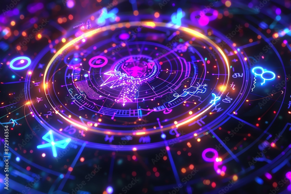 Abstract digital neon futuristic interface with colorful glowing symbols, representing advanced technology and cyber aesthetics. Abstract digital neon futuristic interface with colorful glowing symbols, representing advanced technology and cyber aesthetics.