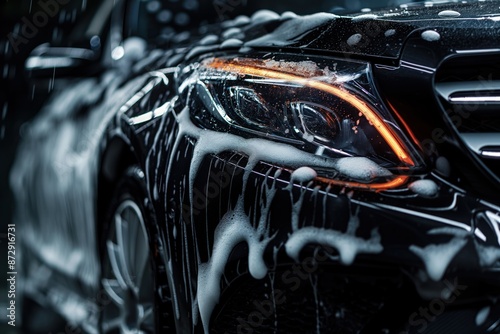 Black car interior and exterior cleaning with foam soap. Garage scene with illuminated headlights and rear lights. Car wash process in progress. Dark background provides contrast to black vehicle. photo