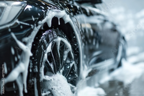 Black car exterior covered in foam soap bubbles after washing on wet surface. Side view shows clean wheels and car body with foamy suds. Perfect for automotive, cleaning, or lifestyle photography.