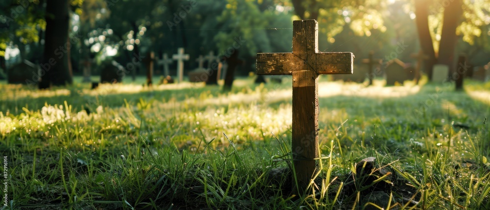 Wooden cross in a quiet churchyard, soft evening light, serene and tranquil Wooden cross in a quiet churchyard, soft evening light, serene and tranquil