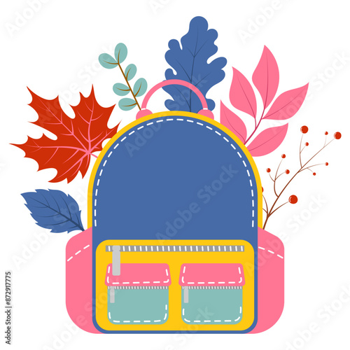 Back to school element, backpack with leaves vector design, autumn season