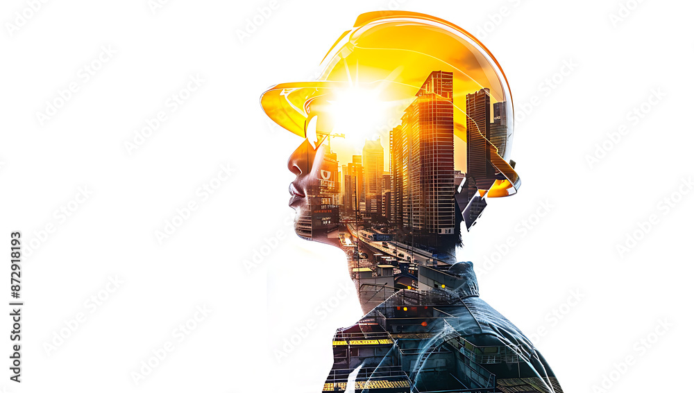Double exposure construction worker with a yellow helmet and cityscape isolated on a white background Double exposure construction worker with a yellow helmet and cityscape isolated on a white background