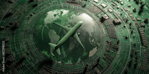 Advanced Digital Aeronautics: Green Wireframe of a Modern Jet Plane with a Grid and Data Points Background