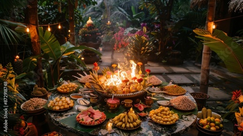 Photo of a Hicias ceremony with fruits and fire in the center, surrounded by various delicacies on a marble table in a tropical setting. A bonfire is lit around it, creating an atmosphere filled. © gdgaffar