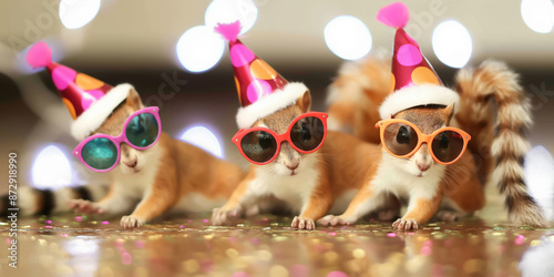 Joyful Celebration: Three Adorable Squirrels Wearing Party Hats and Sunglasses Against a Vibrant Bokeh Background