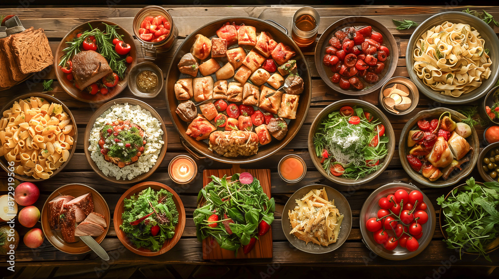 top view of wooden table with variety of food, vegetables and dishes top view of wooden table with variety of food, vegetables and dishes