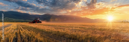 Tractor in a Field at Sunset With Mountains in the Background