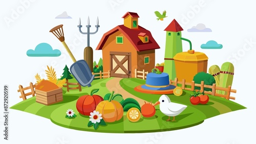 white background, 3D rendered image of farm-themed collection isolated on white background, showcasing selection of farming tools, crops, and animals surrounded by lush greenery.