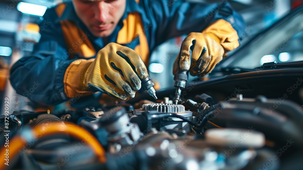 A mechanical engineer is repairing the car in the garage A mechanical engineer is repairing the car in the garage