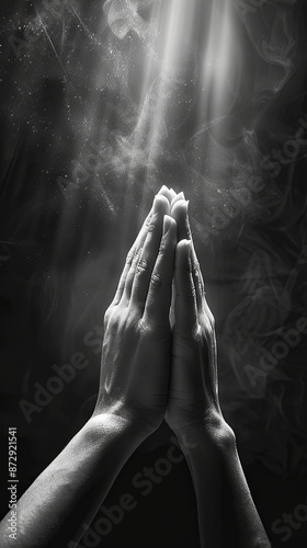 Hand prayer god faith holy worship on hope religion background of believe church pray jesus christian religious grace black white concept or love spiritual bible peace and spirit trust blessed light