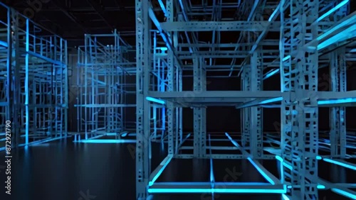 The video is of a dark room with metal scaffolding that is lit up with blue lights.