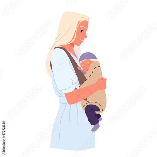 Mother hugging child with love in baby sling, mom and toddler portrait. Cute mum carrying happy boy infant in modern cloth carrier, woman holding wrap ring with kid cartoon vector illustration