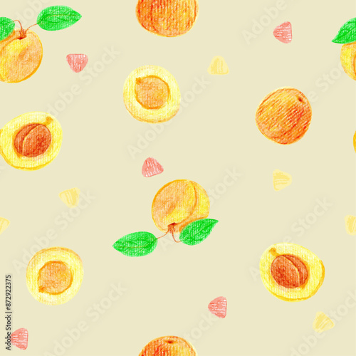 Seamless vector repeating pattern with summer fruit colorful and tasty whole or halved apricots with stones