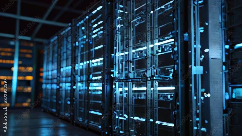 A dark room filled with tall metal server racks with blinking lights. A dark room filled with tall metal server racks with blinking lights.