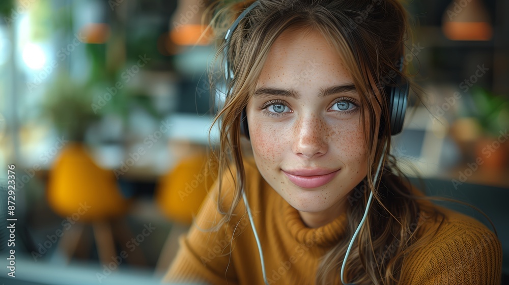 Young Woman With Headphones Smiling In Cafe