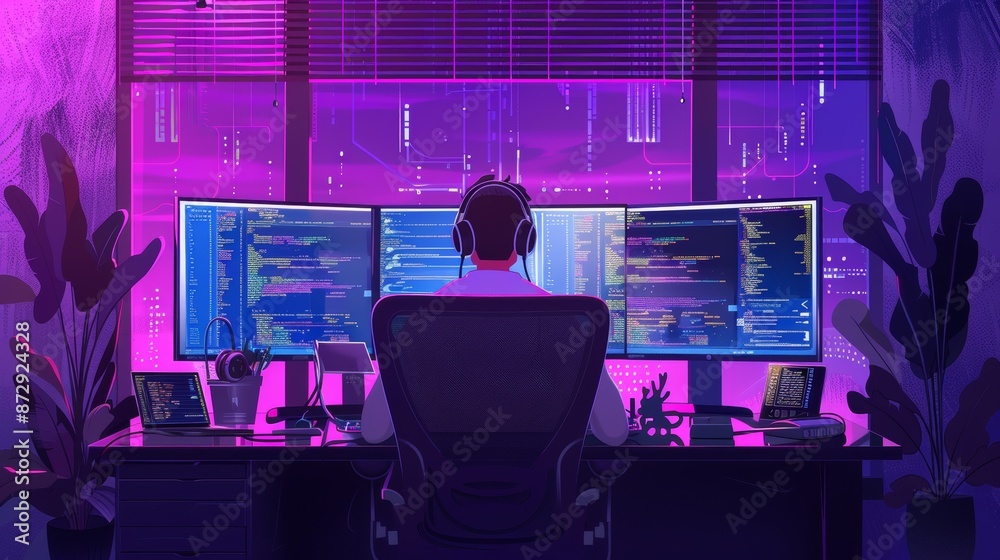 Programmer designing AI-powered e-commerce app with big data, dual monitors Programmer designing AI-powered e-commerce app with big data, dual monitors