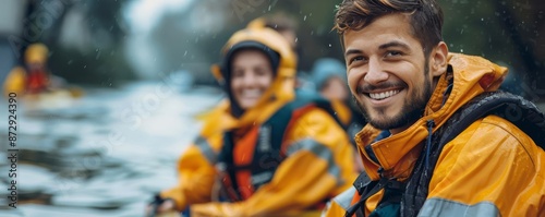 Flood Rescue Focus on a rescue team helping people during a flood, with everyone smiling and looking at the camera, with a flooded background, empty space right for text © pawimon