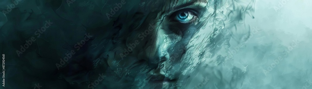 Fototapeta premium Ghostly Presence Focus on a person feeling a ghostly presence, with a frightened expression, with a dark, eerie background, empty space center for text