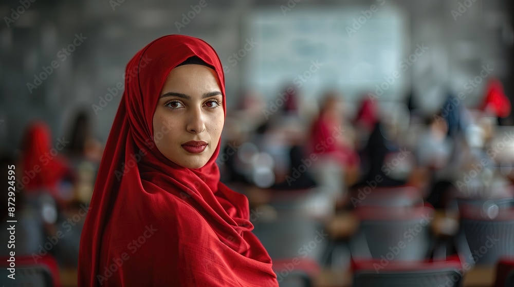 Hijab businesswoman presentation in white board strategy, people blurred in background Hijab businesswoman presentation in white board strategy, people blurred in background