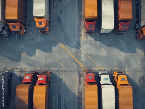 Overhead shot of cross-docking facility. Trucks on both sides.   photo