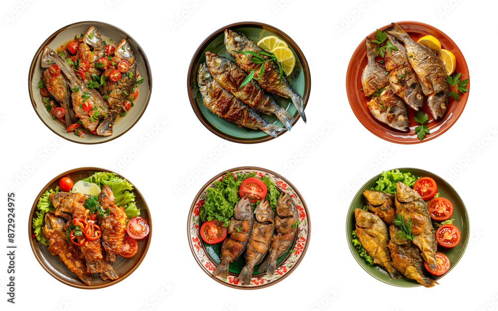 Collection plate of tasty fried fish isolated on a transparent background, top view, cut out, PNG Collection plate of tasty fried fish isolated on a transparent background, top view, cut out, PNG