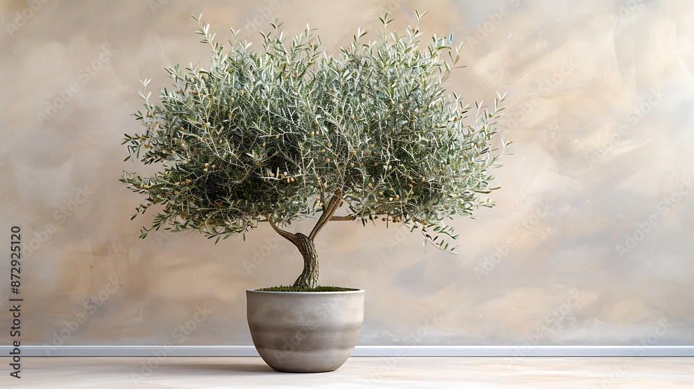 Olive tree in a sleek pot, beige wall backdrop, minimalist decor ideal for kitchens or living rooms. Olive tree in a sleek pot, beige wall backdrop, minimalist decor ideal for kitchens or living rooms.