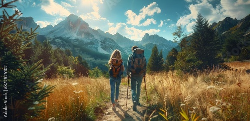 Couple Hiking Through Mountainous Landscape During Golden Hour