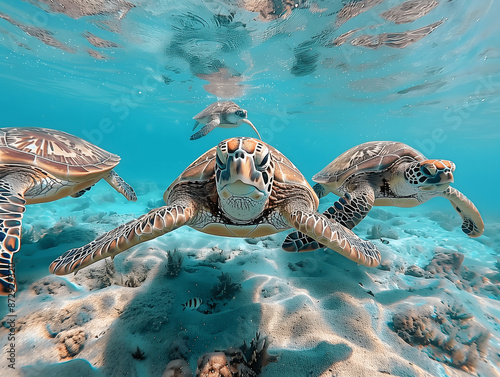 4 turtles swimming in the sea photo