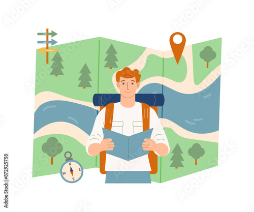 summer travel destinations. ecotourism and camping, hiking.  vector illustration