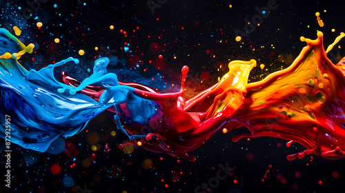 abstract colorful paint splashes in motion on black background, creative banner for design and art work wallpaper © Art_spiral