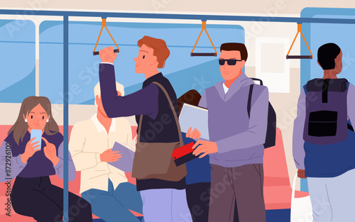 Wallet theft in public city transport by sneaking criminal. man pickpocket in sunglasses stealing pocket with cash from male hand bag during transportation inside bus cartoon vector illustration