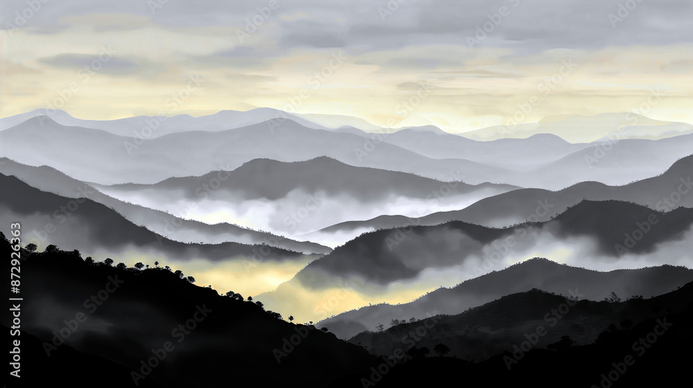 Mountain landscape with sunset and foggy valley featured in digital background banner Mountain landscape with sunset and foggy valley featured in digital background banner