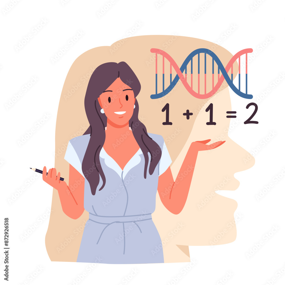 Logical thinking, cognitive ability of personality and science insight. Smart woman researcher working with numbers and scientific symbols, human head silhouette behind cartoon vector illustration Logical thinking, cognitive ability of personality and science insight. Smart woman researcher working with numbers and scientific symbols, human head silhouette behind cartoon vector illustration